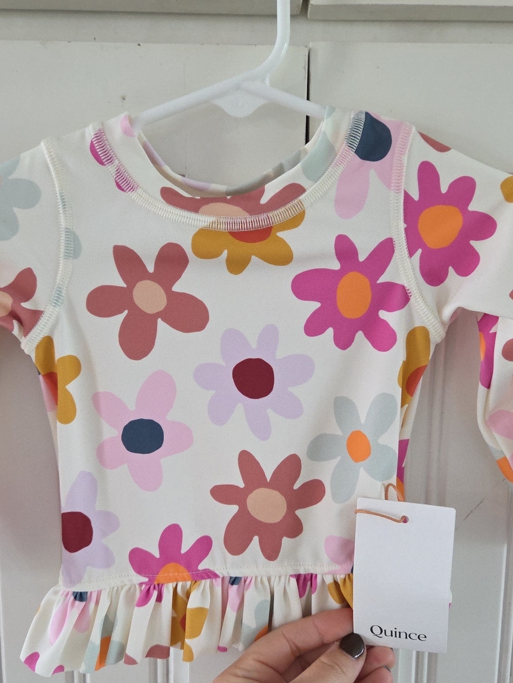 Quince Kids Floral Ruffle Hem Swim Top - Cream with Multicolor Flowers